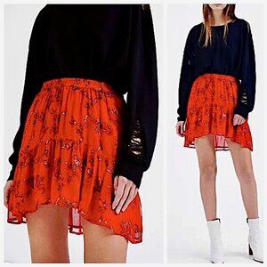 IRO Red Lilie Floral Print Asymmetric Mini Skirt Size 4